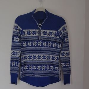 Talbots Womens Half-Zip Merino Wool Blend Blue Fair Isle Nordic Sweater Sz XS